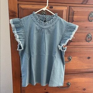 BiBi Light Blue Ruffle Sleeve Blouse NWT